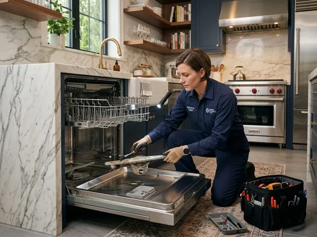 Appliance Repair Hero technician servicing a built-in dishwasher in a Bloomsbury, NJ kitchen