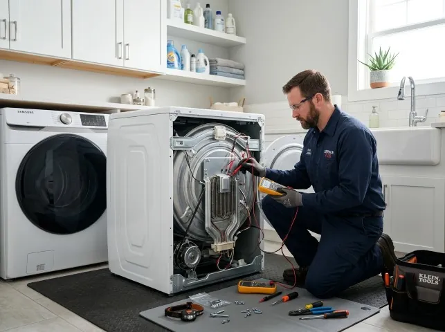 Appliance Repair Hero technician checking a dryer heating element with the rear panel off in Bloomsbury, NJ