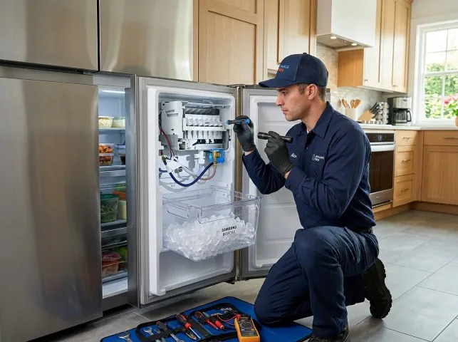 Appliance Repair Hero technician repairing a refrigerator ice maker in Bloomsbury, NJ