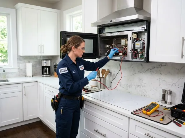 Appliance Repair Hero technician testing an over-the-range microwave in a Bloomsbury, NJ kitchen