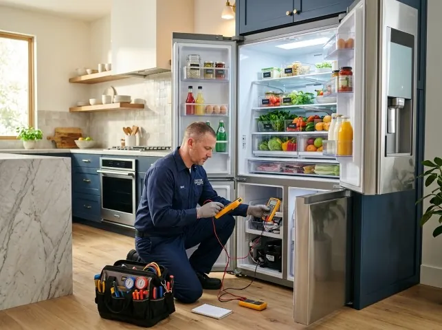 Appliance Repair Hero refrigerator technician testing a fridge on a Bloomsbury, NJ service call