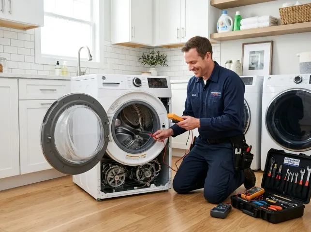 Appliance Repair Hero technician testing a front-load washer with a multimeter on a Bloomsbury, NJ service call